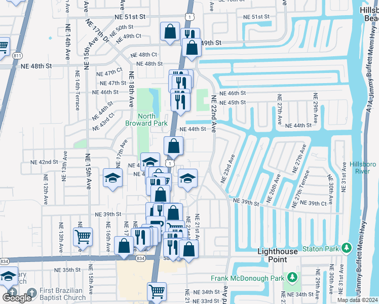 map of restaurants, bars, coffee shops, grocery stores, and more near 2141 Northeast 42nd Street in Lighthouse Point