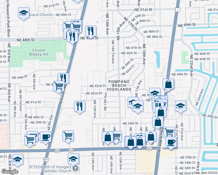 map of restaurants, bars, coffee shops, grocery stores, and more near 1320 Northeast 42nd Street in Pompano Beach