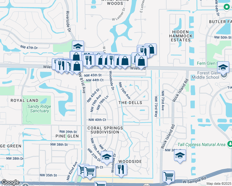 map of restaurants, bars, coffee shops, grocery stores, and more near 4113 Northwest 78th Avenue in Coral Springs