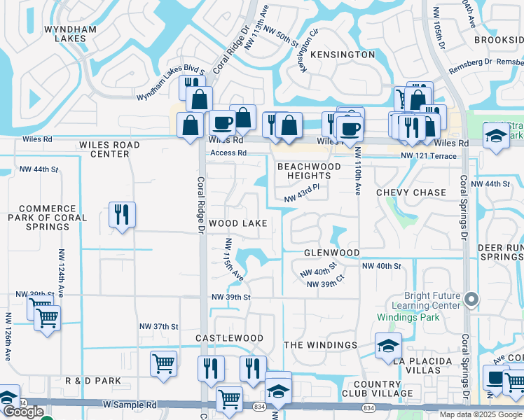 map of restaurants, bars, coffee shops, grocery stores, and more near 4160 Northwest 114th Avenue in Coral Springs