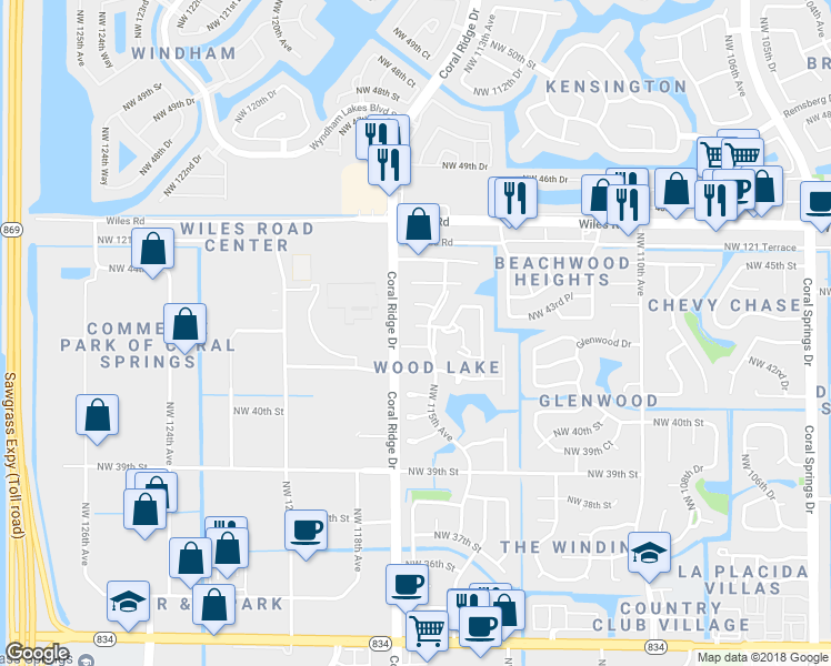 map of restaurants, bars, coffee shops, grocery stores, and more near 11506 Northwest 42nd Street in Coral Springs