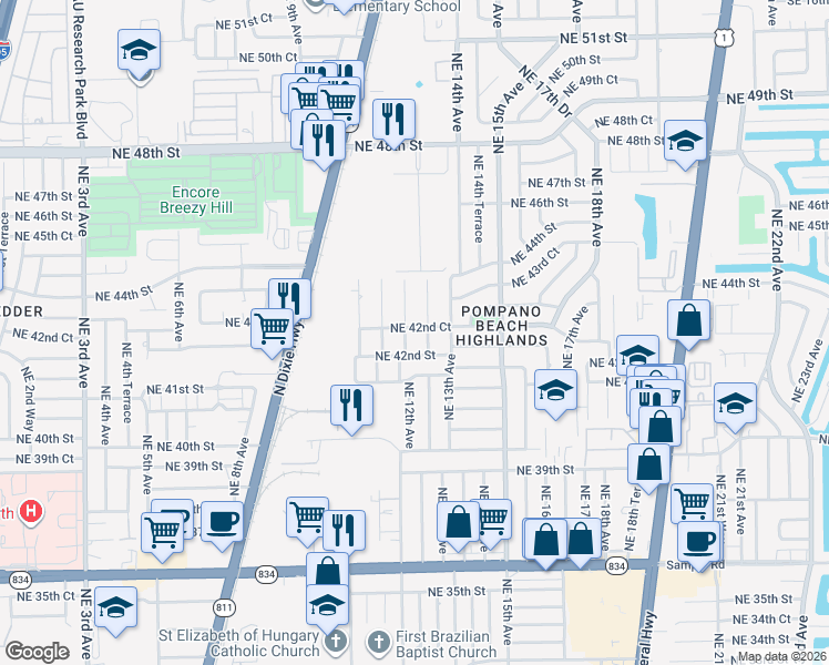 map of restaurants, bars, coffee shops, grocery stores, and more near 1210 Northeast 42nd Court in Pompano Beach