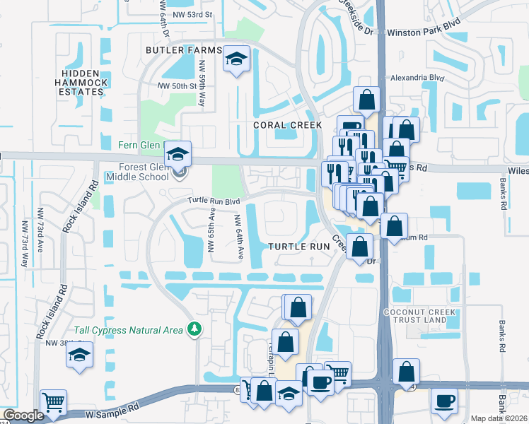 map of restaurants, bars, coffee shops, grocery stores, and more near 4310 Northwest 63rd Avenue in Coral Springs