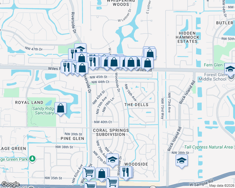 map of restaurants, bars, coffee shops, grocery stores, and more near 4132 Northwest 78th Lane in Coral Springs