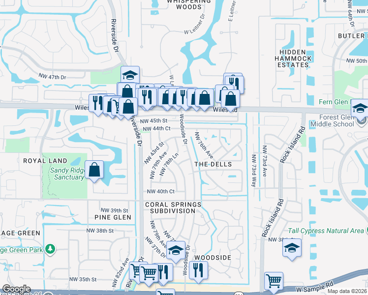 map of restaurants, bars, coffee shops, grocery stores, and more near 4132 Northwest 78th Lane in Coral Springs