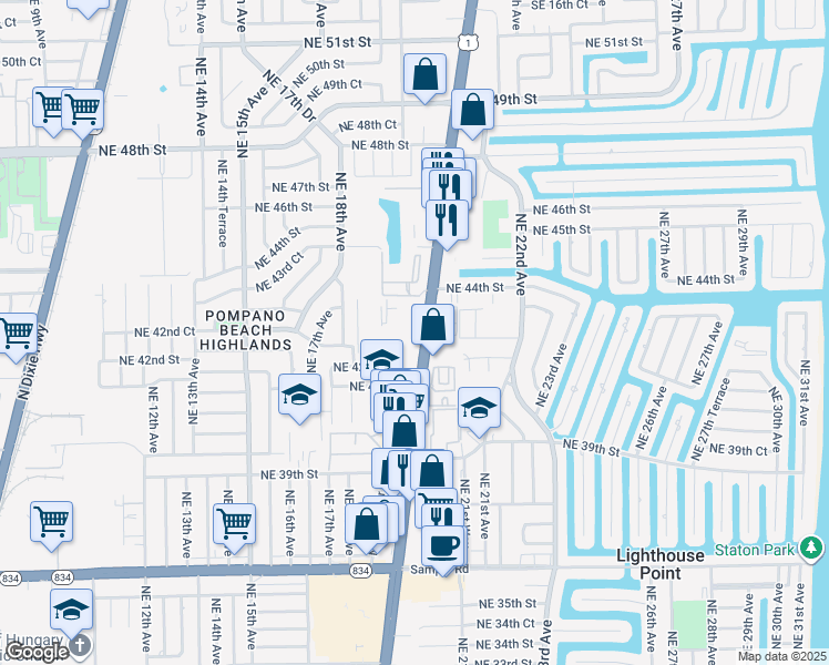 map of restaurants, bars, coffee shops, grocery stores, and more near 4209 U.S. 1 in Lighthouse Point
