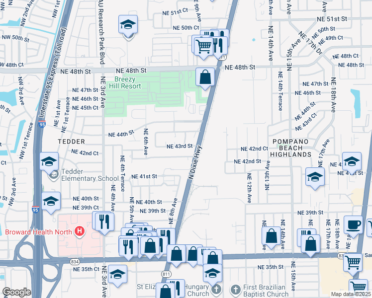 map of restaurants, bars, coffee shops, grocery stores, and more near 4200 North Dixie Highway in Pompano Beach