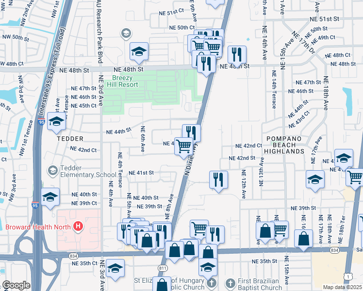 map of restaurants, bars, coffee shops, grocery stores, and more near 4200 North Dixie Highway in Pompano Beach