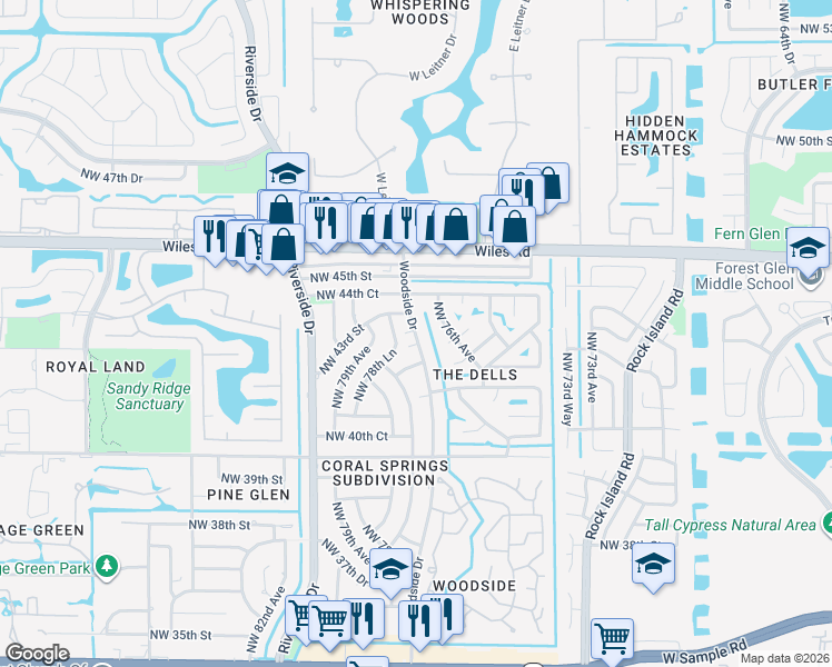 map of restaurants, bars, coffee shops, grocery stores, and more near 4113 Northwest 78th Avenue in Coral Springs