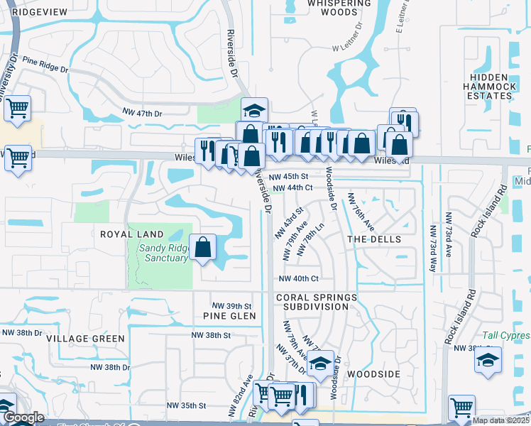 map of restaurants, bars, coffee shops, grocery stores, and more near 4241 Riverside Drive in Coral Springs