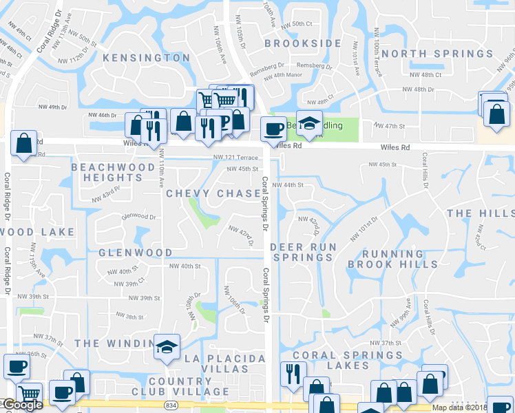 map of restaurants, bars, coffee shops, grocery stores, and more near 4270 Coral Springs Drive in Coral Springs