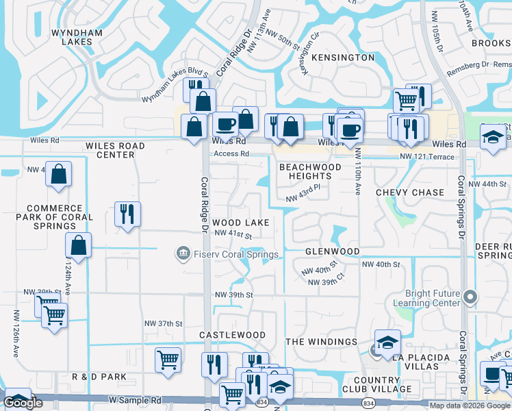 map of restaurants, bars, coffee shops, grocery stores, and more near 11460 Northwest 43rd Street in Coral Springs