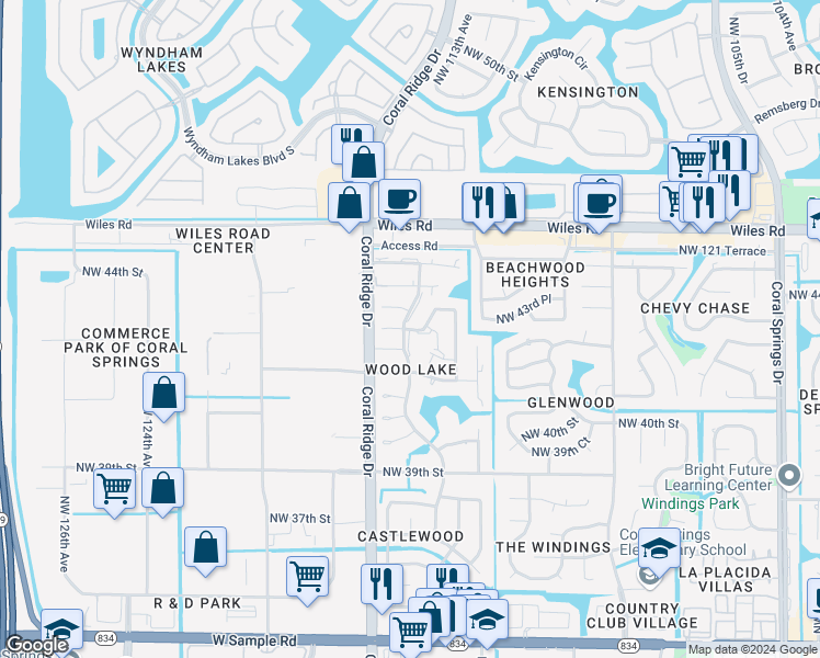 map of restaurants, bars, coffee shops, grocery stores, and more near 11506 Northwest 42nd Street in Coral Springs