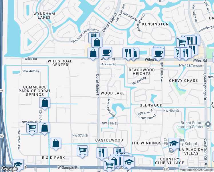 map of restaurants, bars, coffee shops, grocery stores, and more near 11506 Northwest 42nd Street in Coral Springs