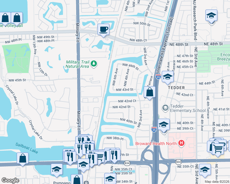 map of restaurants, bars, coffee shops, grocery stores, and more near 540 Northwest 43rd Street in Pompano Beach