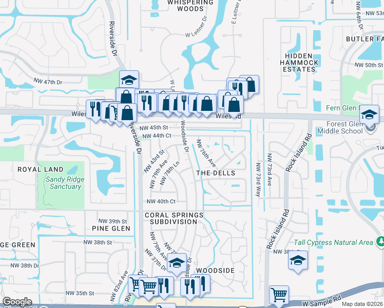 map of restaurants, bars, coffee shops, grocery stores, and more near 4113 Northwest 78th Avenue in Coral Springs