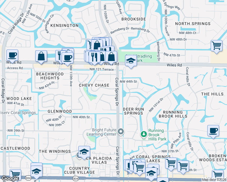 map of restaurants, bars, coffee shops, grocery stores, and more near 4270 Coral Springs Drive in Coral Springs