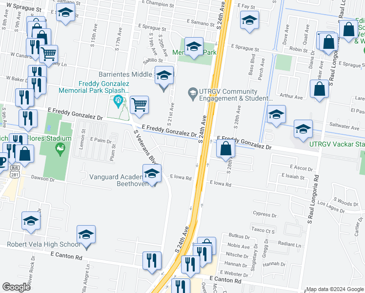 map of restaurants, bars, coffee shops, grocery stores, and more near 1119 Vista Hermosa Street in Edinburg