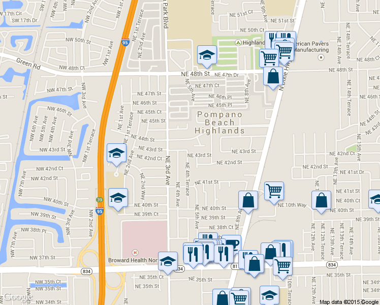 map of restaurants, bars, coffee shops, grocery stores, and more near 404 Northeast 44th Street in Pompano Beach