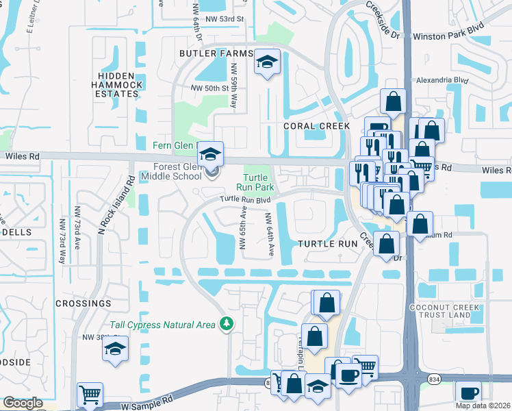 map of restaurants, bars, coffee shops, grocery stores, and more near 6473 Northwest 43rd Court in Coral Springs