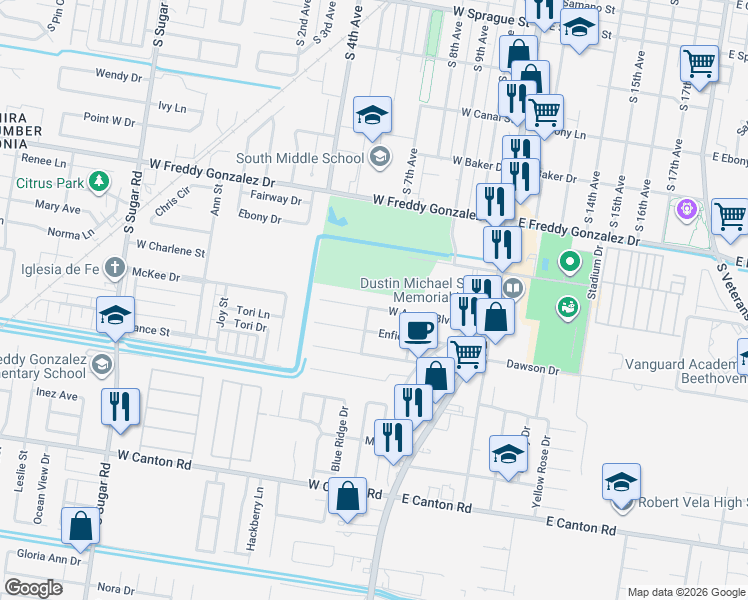 map of restaurants, bars, coffee shops, grocery stores, and more near 520 West Palm Drive in Edinburg