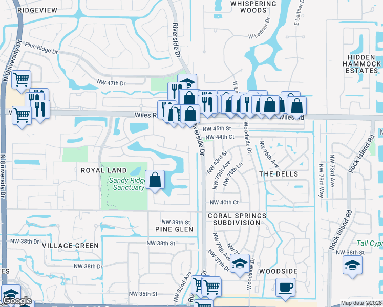 map of restaurants, bars, coffee shops, grocery stores, and more near 4401 Northwest 81st Terrace in Coral Springs