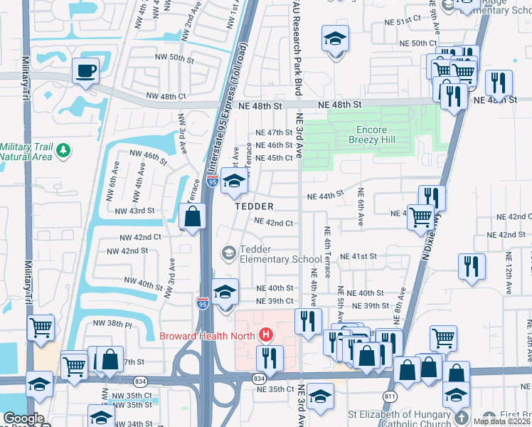 map of restaurants, bars, coffee shops, grocery stores, and more near 236 Northeast 43rd Street in Pompano Beach