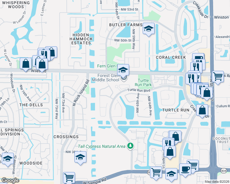 map of restaurants, bars, coffee shops, grocery stores, and more near 4373 Northwest 67th Avenue in Coral Springs