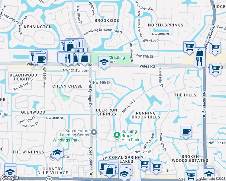 map of restaurants, bars, coffee shops, grocery stores, and more near 4351 Northwest 102nd Terrace in Coral Springs