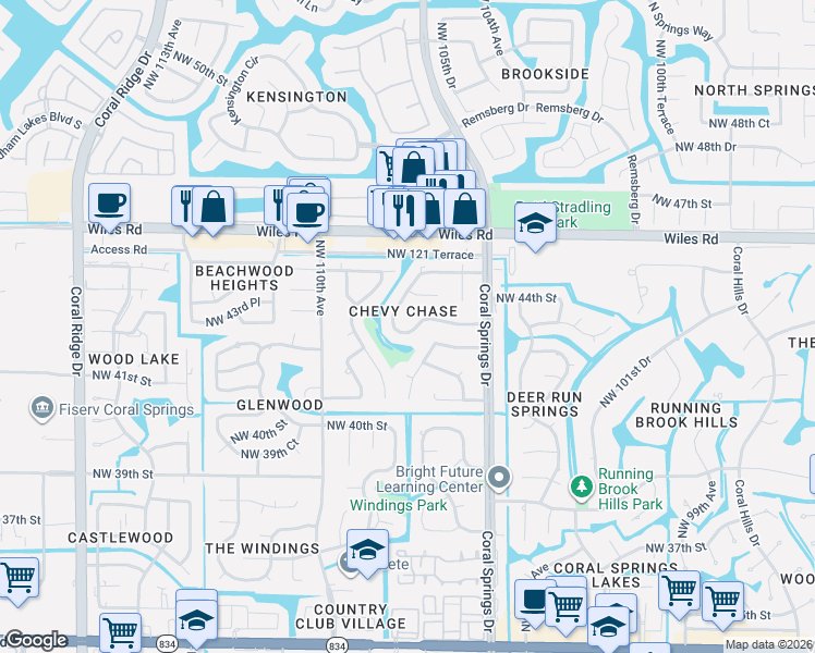 map of restaurants, bars, coffee shops, grocery stores, and more near 4371 Northwest 106th Avenue in Coral Springs