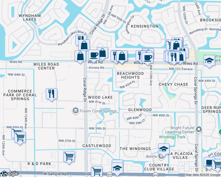 map of restaurants, bars, coffee shops, grocery stores, and more near 4356 Northwest 113th Terrace in Coral Springs
