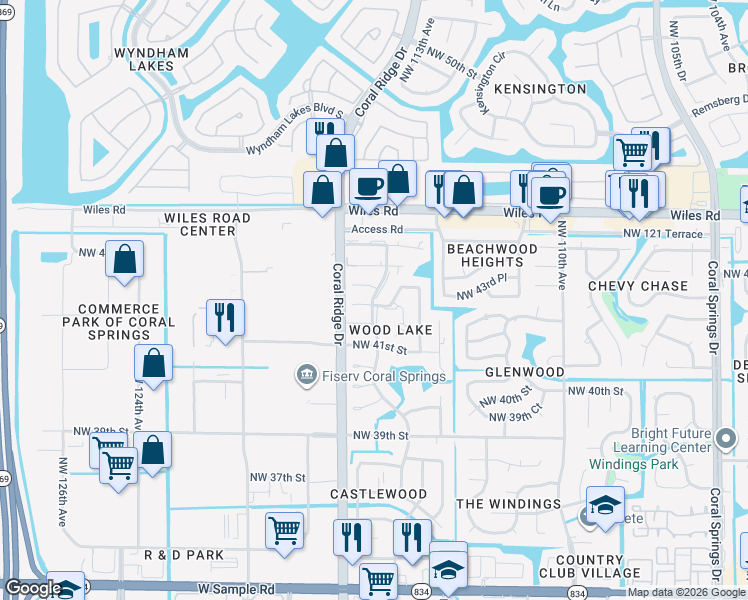 map of restaurants, bars, coffee shops, grocery stores, and more near 11552 Northwest 43rd Court in Coral Springs
