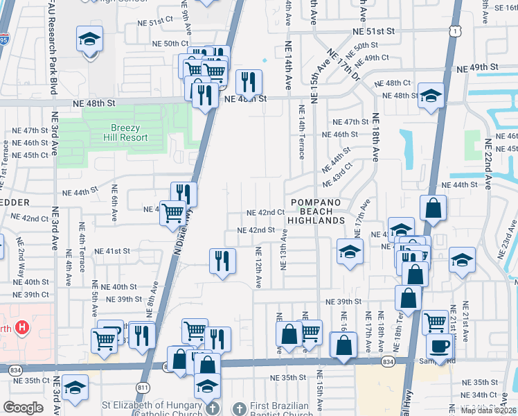 map of restaurants, bars, coffee shops, grocery stores, and more near 4270 Northeast 11th Terrace in Pompano Beach