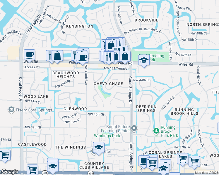 map of restaurants, bars, coffee shops, grocery stores, and more near 4371 Northwest 106th Avenue in Coral Springs