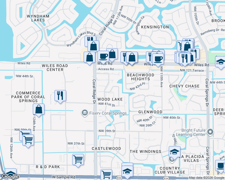 map of restaurants, bars, coffee shops, grocery stores, and more near 11443 Northwest 43rd Street in Coral Springs