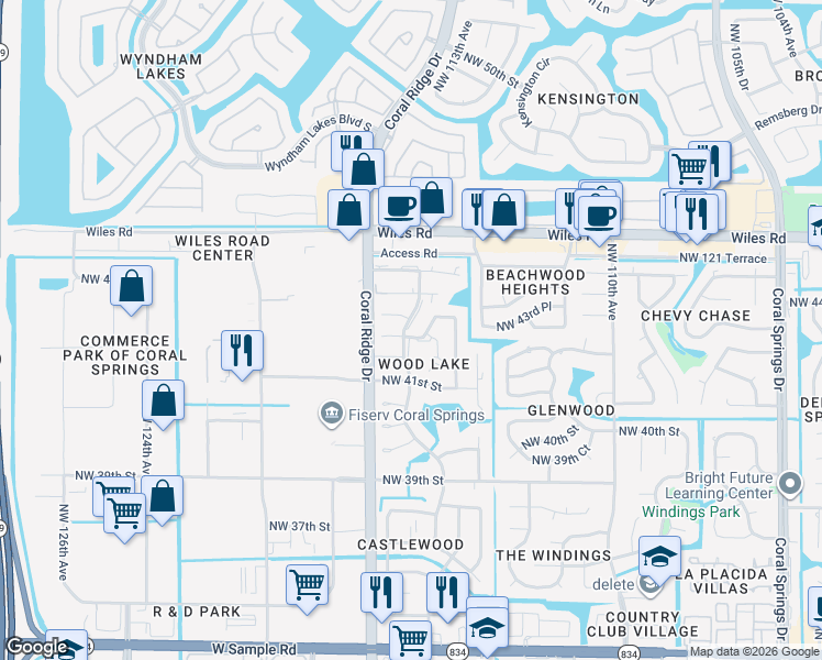 map of restaurants, bars, coffee shops, grocery stores, and more near 4301 Northwest 115th Avenue in Coral Springs