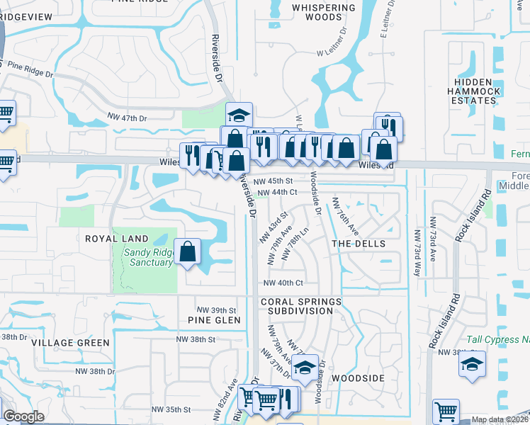 map of restaurants, bars, coffee shops, grocery stores, and more near 4381 Northwest 81st Avenue in Coral Springs