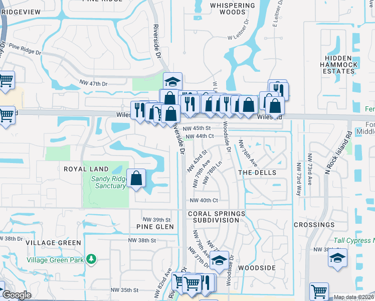 map of restaurants, bars, coffee shops, grocery stores, and more near 4381 Northwest 81st Avenue in Coral Springs