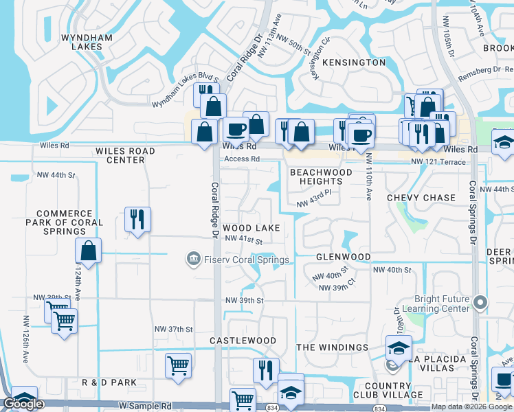 map of restaurants, bars, coffee shops, grocery stores, and more near 11443 Northwest 43rd Street in Coral Springs