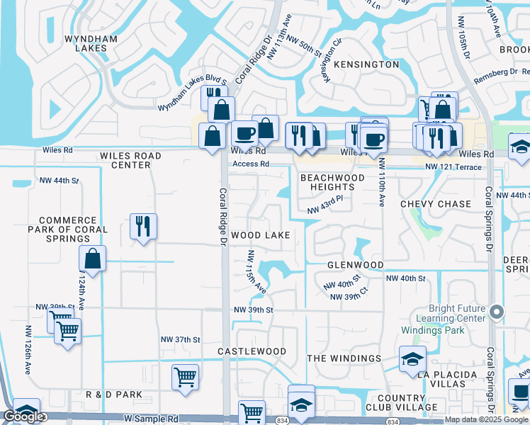 map of restaurants, bars, coffee shops, grocery stores, and more near 11443 Northwest 43rd Street in Coral Springs