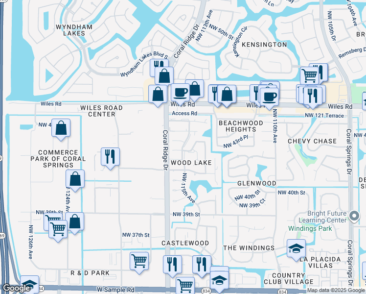 map of restaurants, bars, coffee shops, grocery stores, and more near 11552 Northwest 43rd Court in Coral Springs