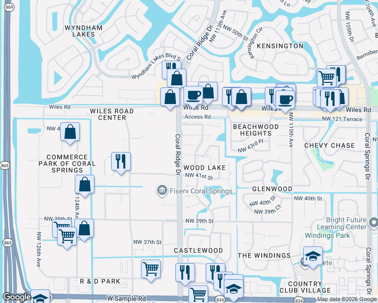 map of restaurants, bars, coffee shops, grocery stores, and more near 11552 Northwest 43rd Court in Coral Springs