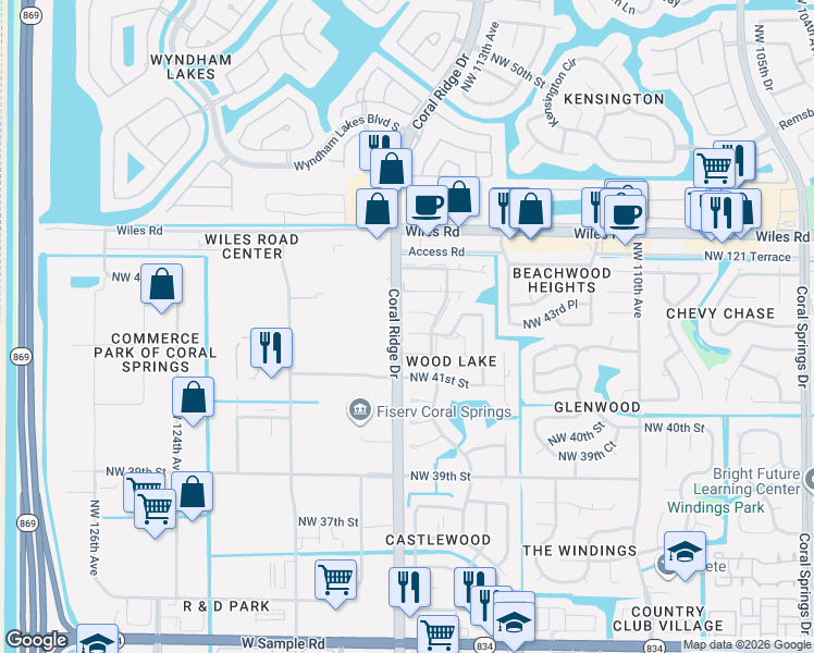 map of restaurants, bars, coffee shops, grocery stores, and more near 11552 Northwest 43rd Court in Coral Springs
