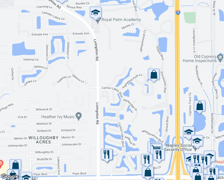 map of restaurants, bars, coffee shops, grocery stores, and more near 6001 Highwood Park Lane in Naples