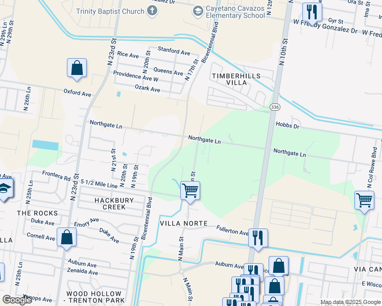 map of restaurants, bars, coffee shops, grocery stores, and more near 1609 Northgate Lane in McAllen