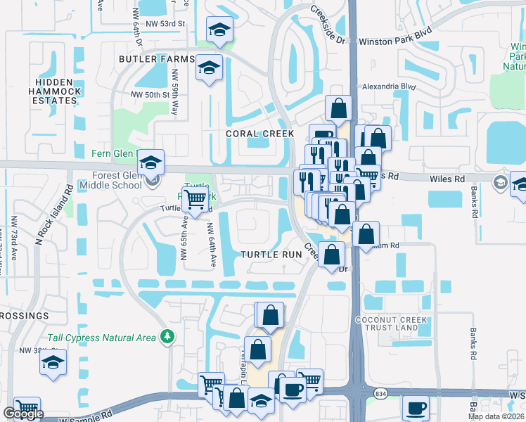 map of restaurants, bars, coffee shops, grocery stores, and more near 62 Eagle Trace Boulevard in Coral Springs