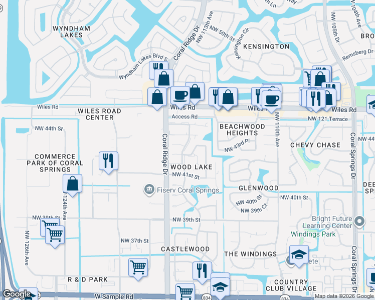 map of restaurants, bars, coffee shops, grocery stores, and more near 11443 Northwest 43rd Street in Coral Springs