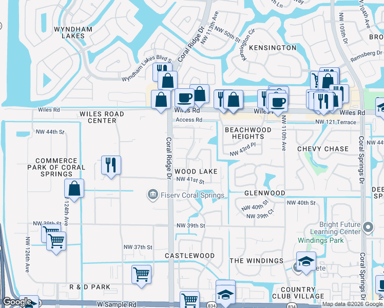 map of restaurants, bars, coffee shops, grocery stores, and more near 11443 Northwest 43rd Street in Coral Springs