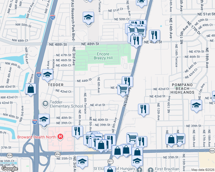 map of restaurants, bars, coffee shops, grocery stores, and more near 4320 Northeast 6th Terrace in Pompano Beach