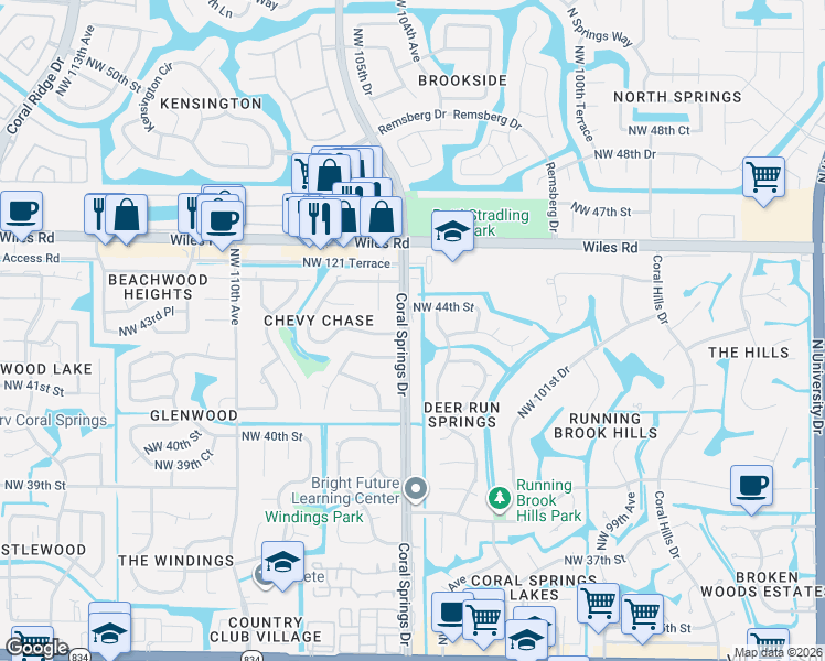 map of restaurants, bars, coffee shops, grocery stores, and more near 4360 Coral Springs Drive in Coral Springs